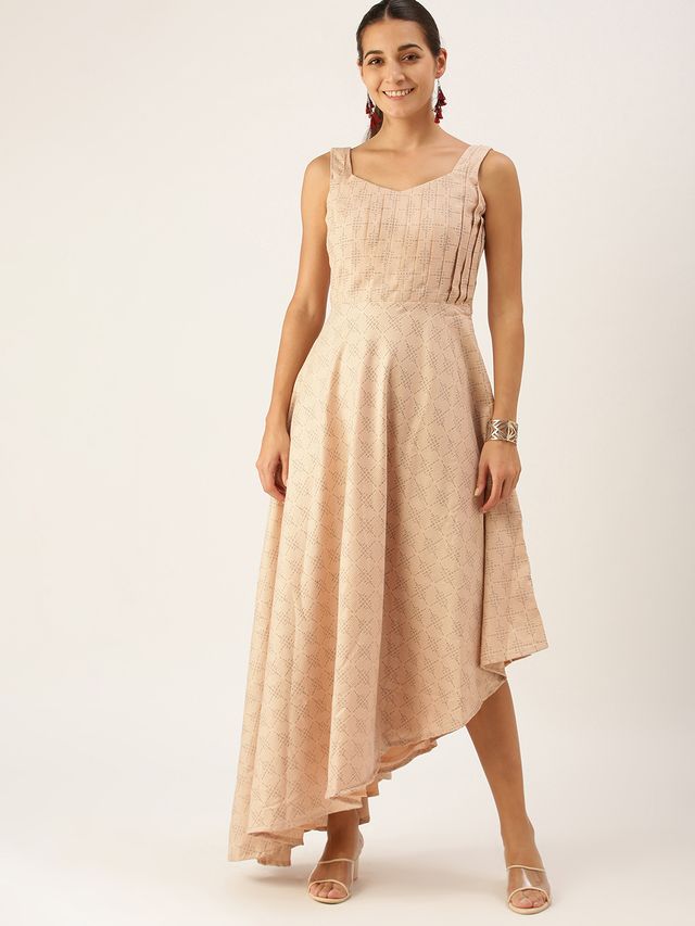 Bollywood Vogue Ready To Wear Pink Rayon High N Low Pleated Yoke Dress