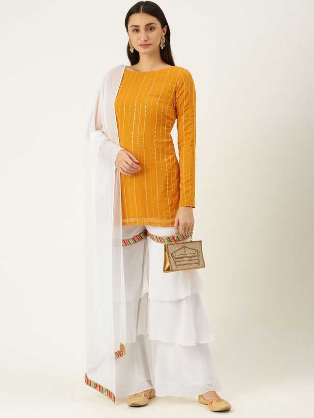 Bollywood Vogue Ready To Wear White N Mustard Embroidered Layered Gharara Suit