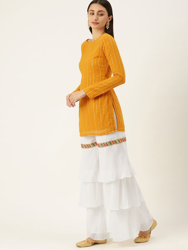 Bollywood Vogue Ready To Wear White N Mustard Embroidered Layered Gharara Suit
