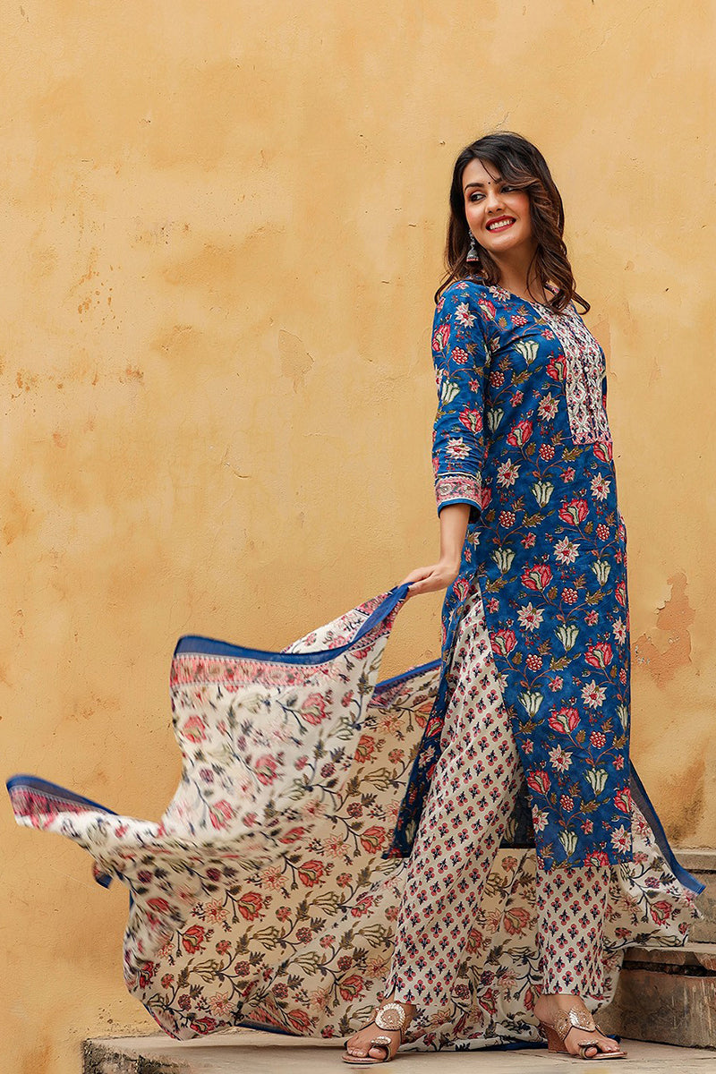Blue Rayon Blend Floral Printed Straight Suit Set