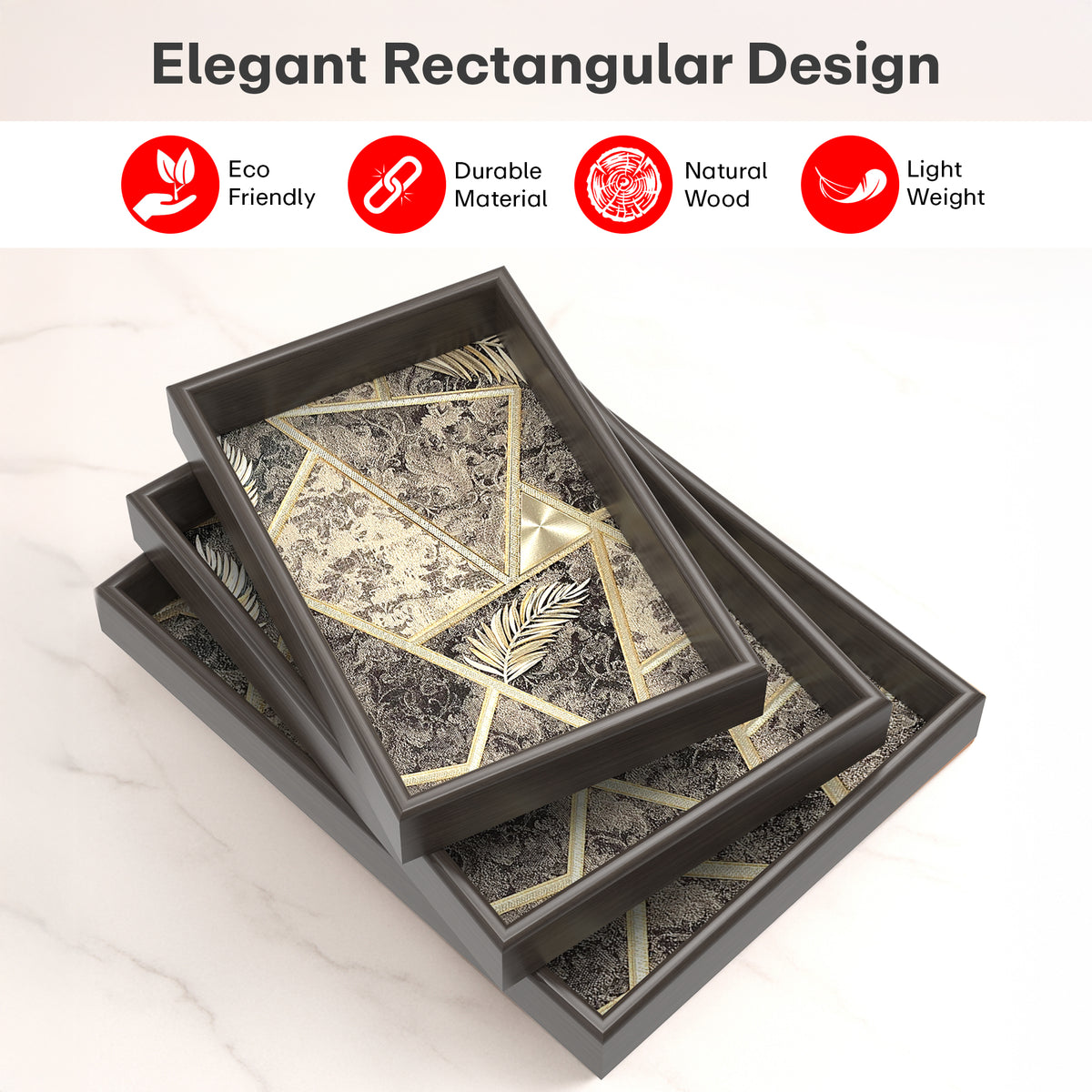 Rioware Wooden Serving Tray Set of 3 | Bamboo Tea & Coffee Serving Trays | Decorative Resin Kitchen & Dining Tray Set | Snack, Breakfast & Home Décor | Vintage Luxe