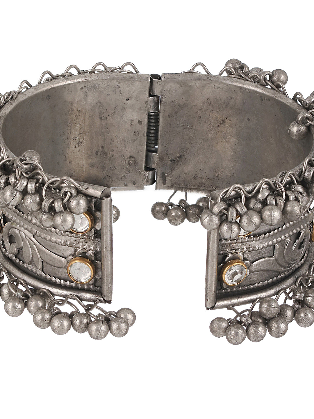 Silver-Plated Oxidised & Kundan Studded Kada Bracelet