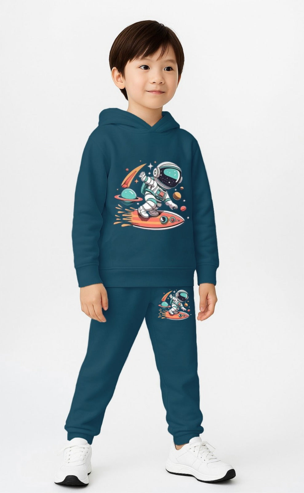 Stylish Kids Cotton Blend Sweatshirt & Track Pant Set with Hood – Blue Printed Casual Wear Luck Fashion