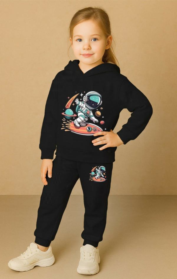 Girls' Black Cotton Blend Hoodie & Jogger Set – Surfing Astronaut in Space Galaxy Design (Ages 0-7 Years) Luck Fashion