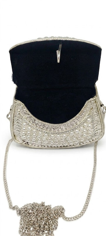 Buddy Cares Metal Bag for Women, Silver Pearl Embellished Clutch Purse with Chain Strap – U-Shape – view 2 – Buddy Cares