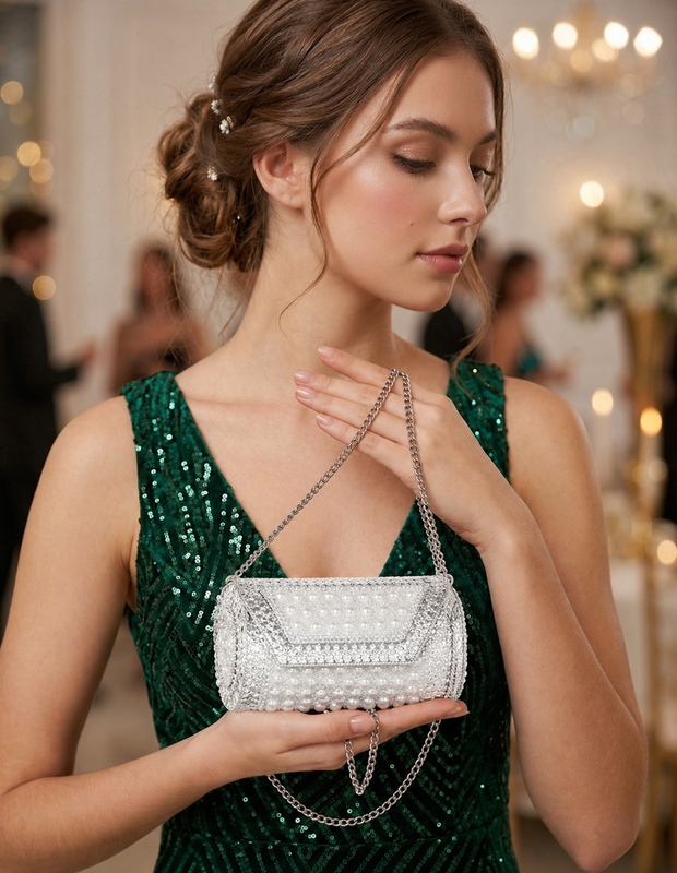 Buddy Cares Metal Bag for Women, Silver Pearl Embellished Clutch Purse with Chain Strap – Cylindrical – view 7 – Buddy Cares