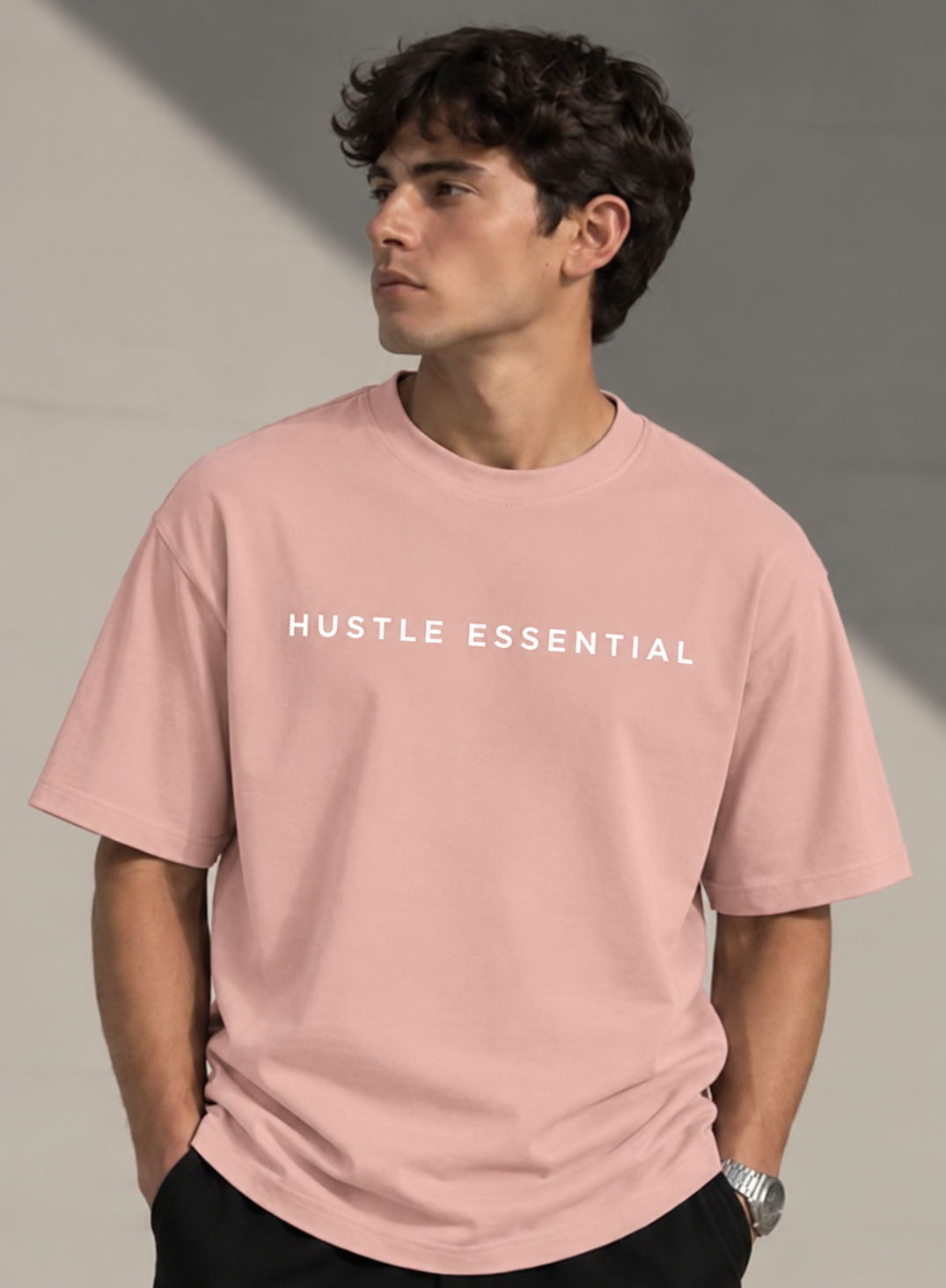 HUSTLE Men's Crew Neck Oversized Tees - Pink