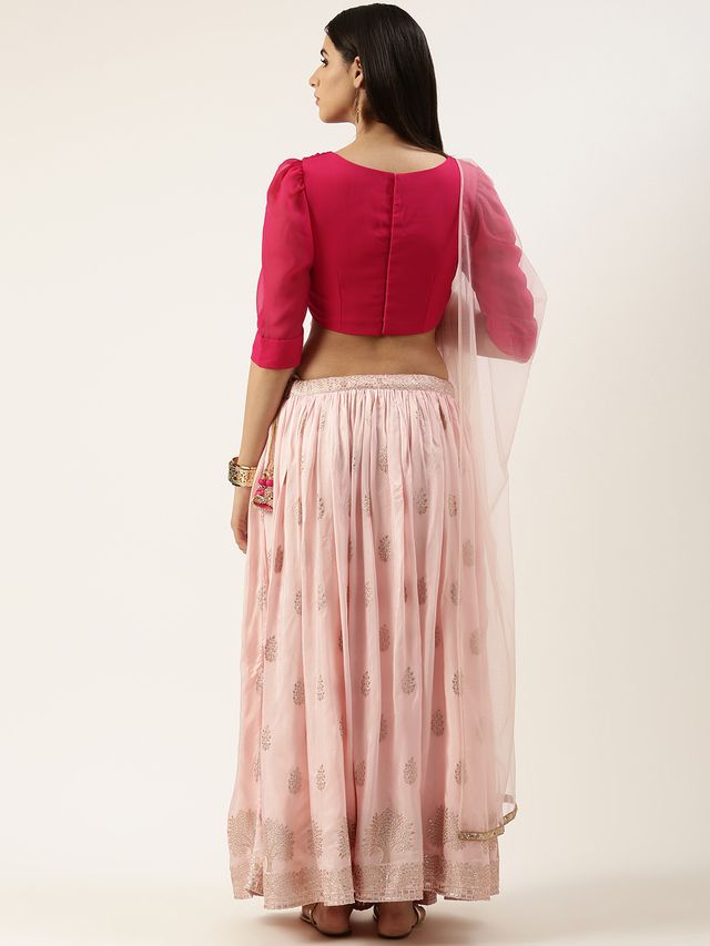 Bollywood Vogue Ready To Wear Pink Jacquard Gathered Style Lehenga Set
