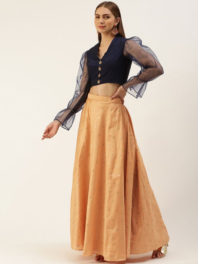 Bollywood Vogue Ready To Wear Peach Jacquard N Navy Blue Art Silk Skirt Set