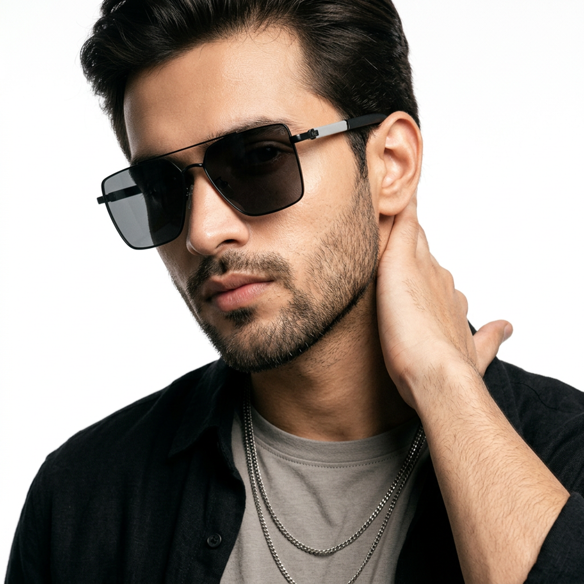 Eyejack Black Square Sunglasses for Men and Women - Style L903 - worn by a male model (image 1)