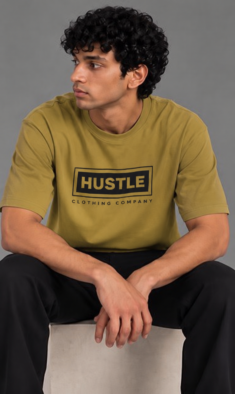 HUSTLE Men's Crew Neck Oversized T-Shirt – Golden Olive