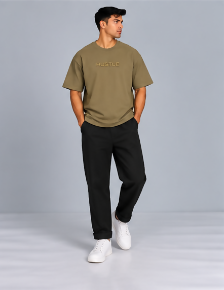 HUSTLE Men's Crew Neck Oversized Tees - Khaki