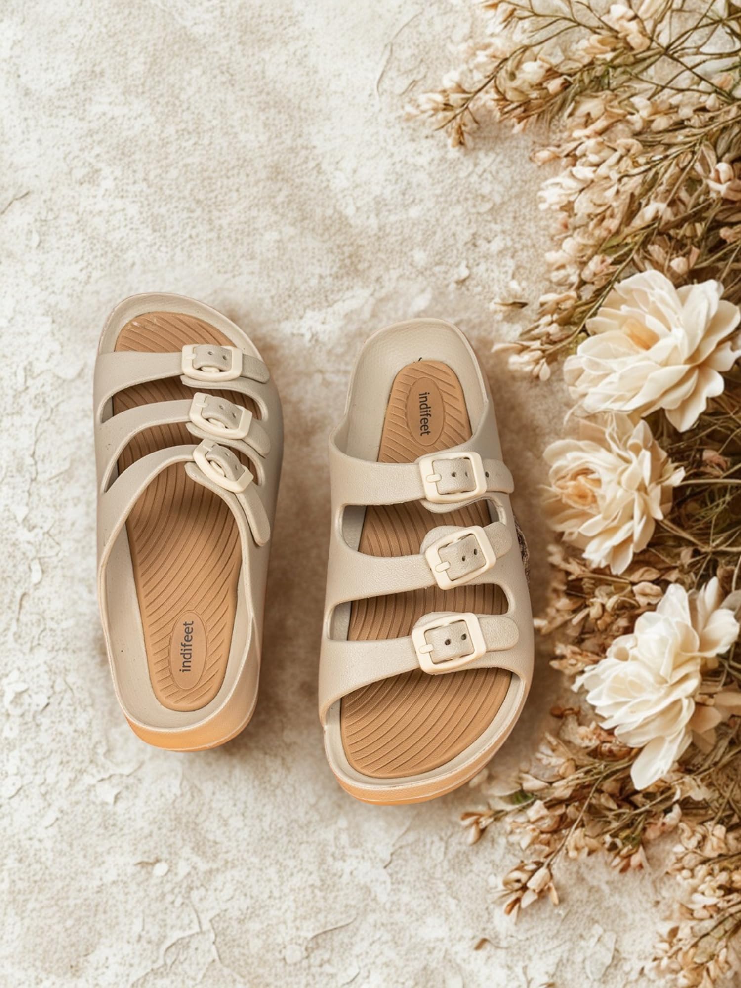 Indifeet Rubber Buckle Sliders for Women - Cream - View 5