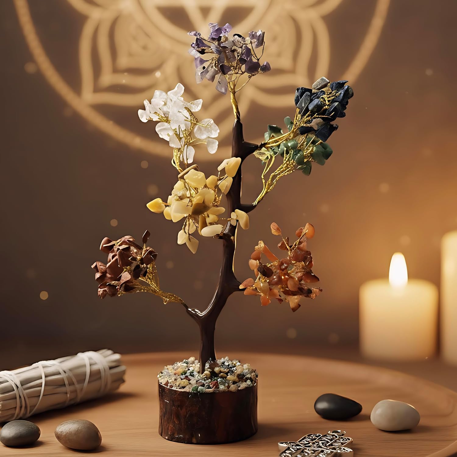 Natural (300 beads) 7 Chakra Tree of Life Crystal Tree for Positive Energy & Healing – Feng Shui Home & Office Decor | Meditation & Reiki Crystal | Housewarming & Birthday Gift