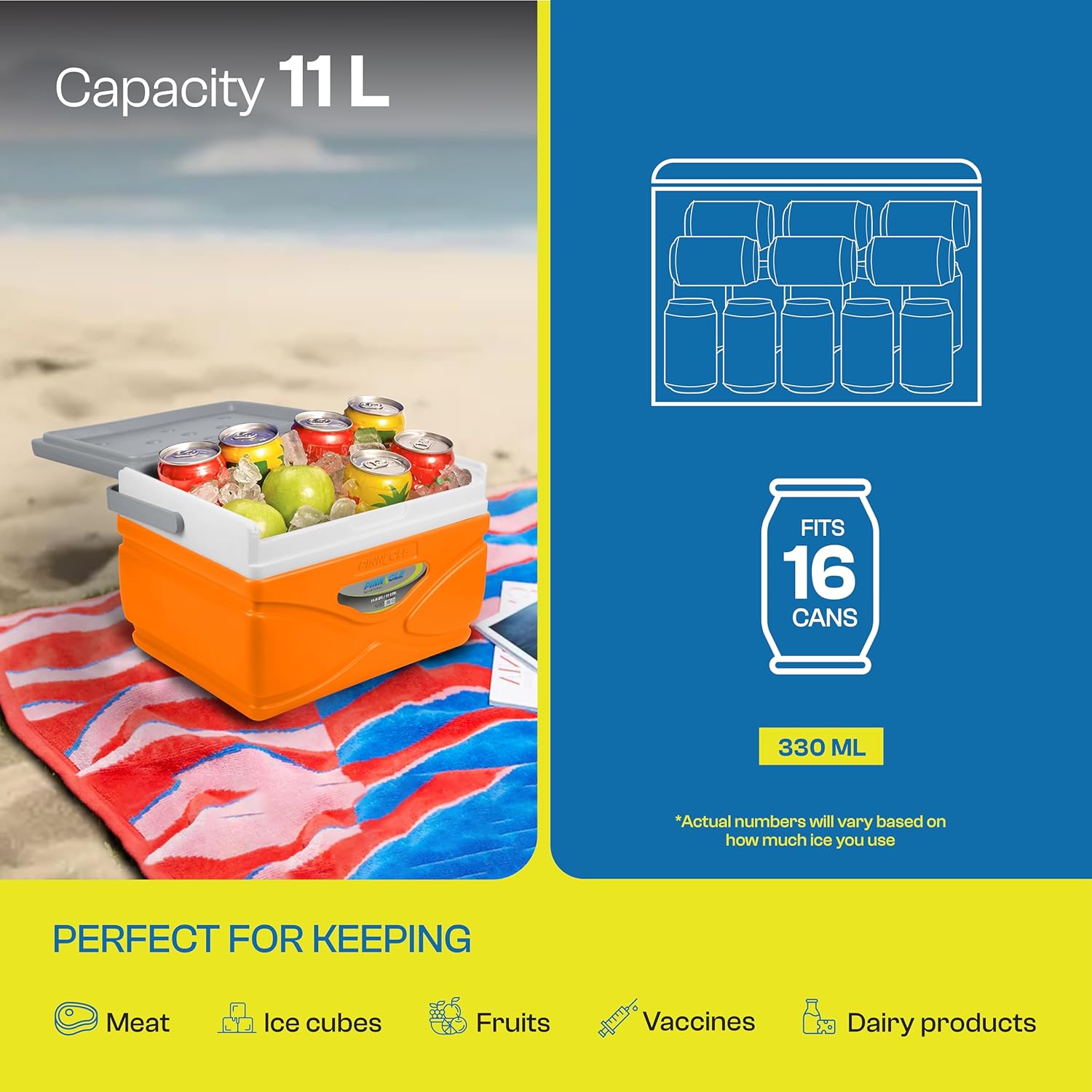 Pinnacle Prudence 11L Chiller Ice Box | Fits 16 Cans | Hold Ice Upto 48hrs | Lid Used as Tray | Portable Insulated Ice Cooler Box for Car Travel,Parties, Medical, Picnics, Camping, Sports(Multicolor)