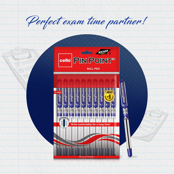 Cello Pinpoint Blue Ball Pens with Fine Tip 0.6 mm Smooth Writing (Pack of 10)