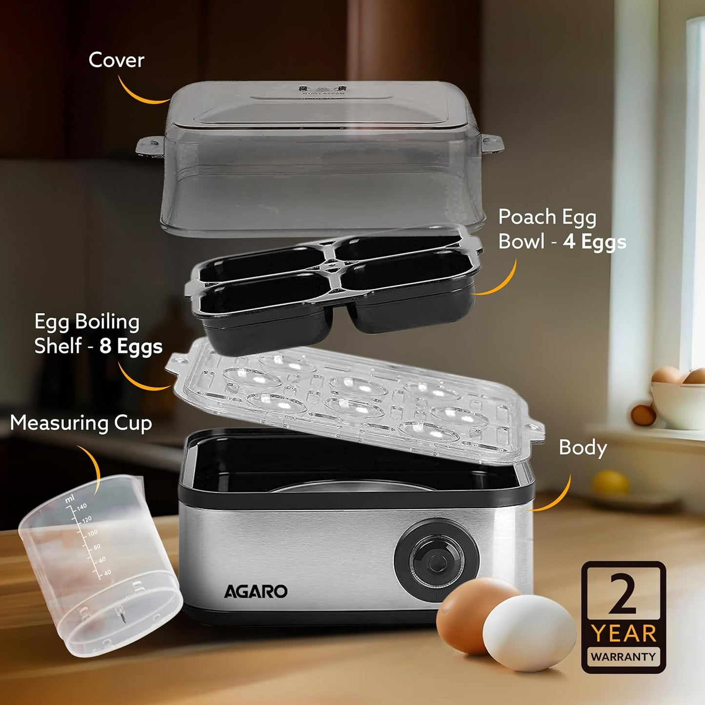 AGARO Stainless Steel Egg Boiler with 8 Egg Capacity with Poaching & Steaming Function (500W)