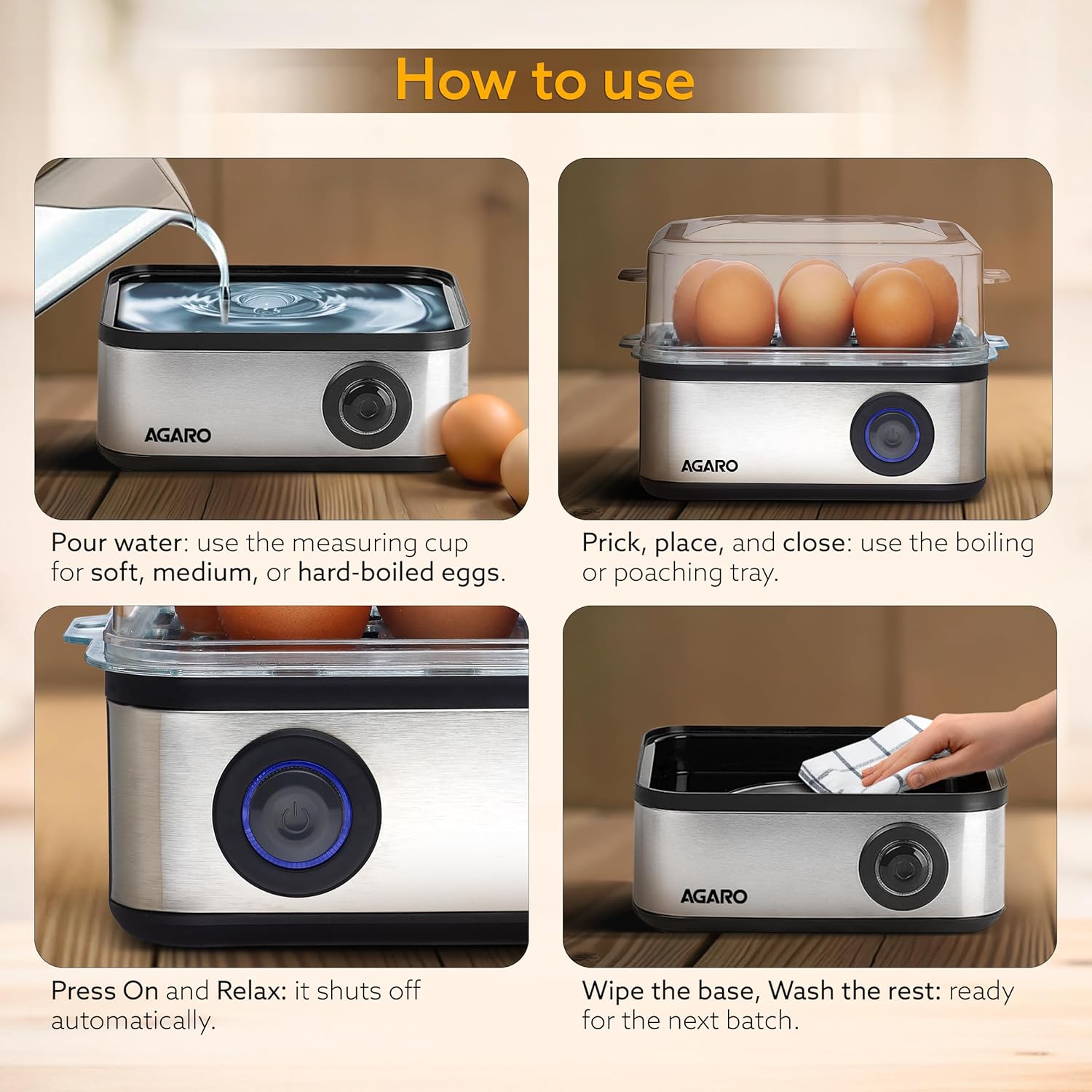 AGARO Stainless Steel Egg Boiler with 8 Egg Capacity with Poaching & Steaming Function (500W)