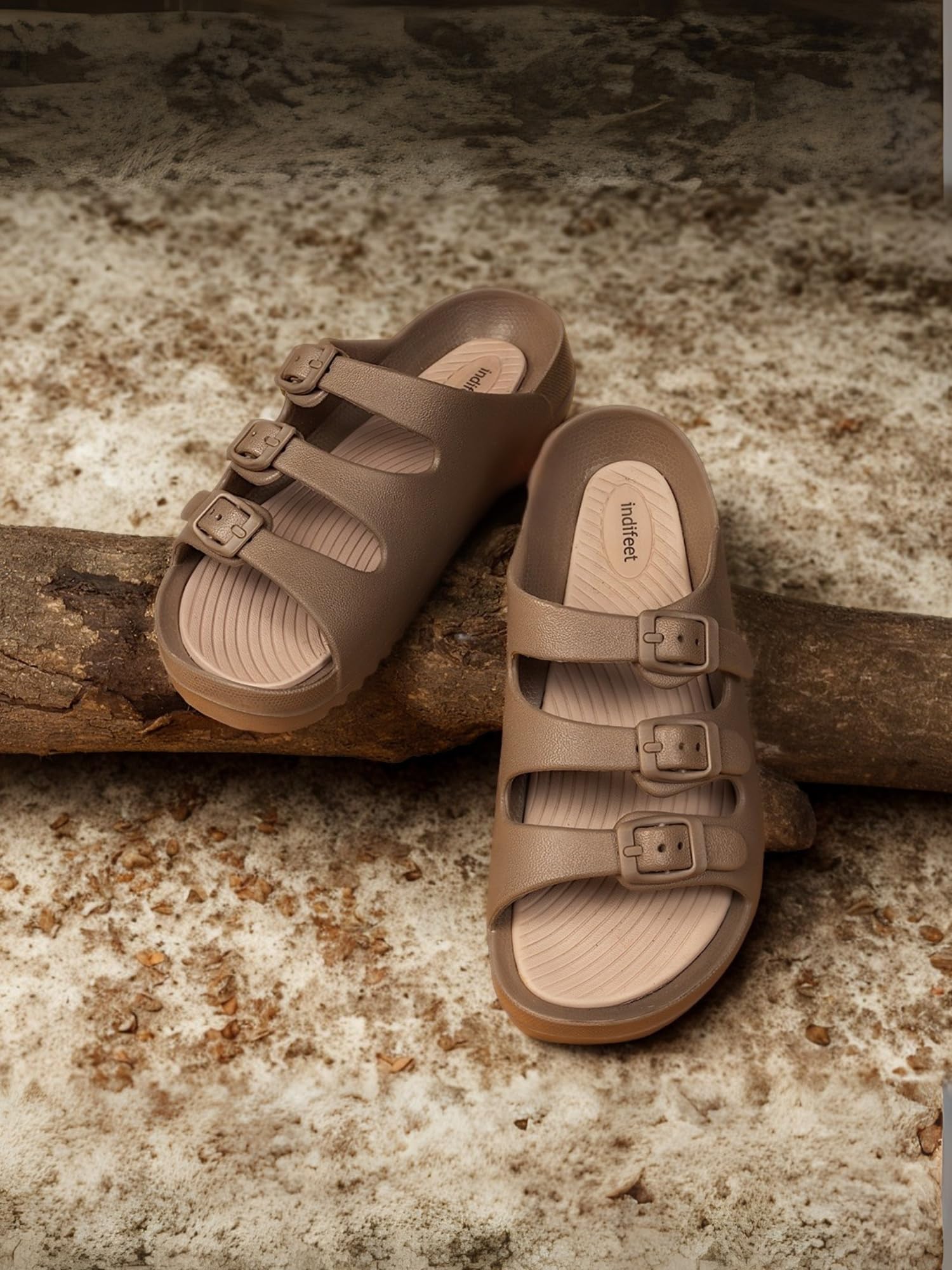 Indifeet Rubber Buckle Sliders for Women - Brown - View 5