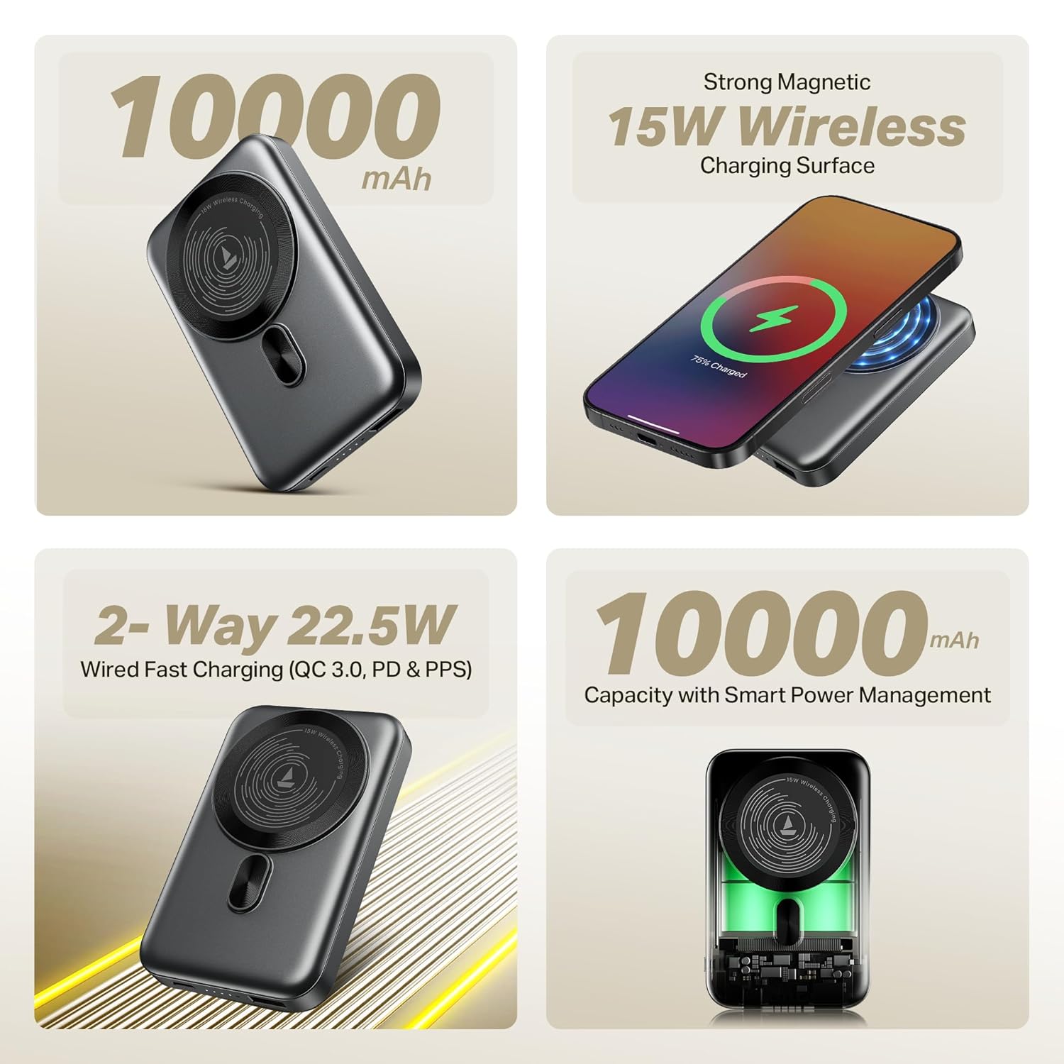 boAt New Launch EnergyShroom PB331 (Magsafe) 10000mAh Magnetic Wireless Powerbank, 15W Wireless & 22.5W Wired Charging for (iPhone 16,15,14,13 & 12, Android & Other Qi Enabled Devices) (Ash Black