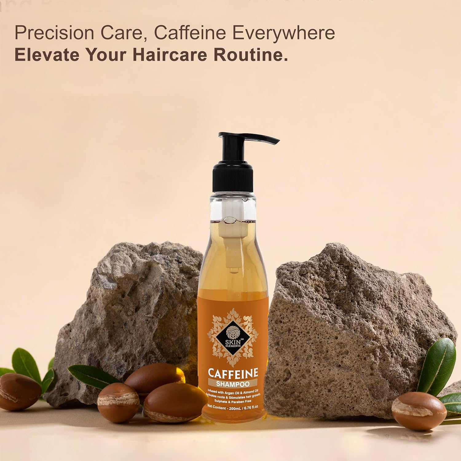 Skin Elements Caffeine Shampoo (6.76 fl.oz) - infused with Argan & Almond Oil (Vitamin E Booster) for Hair Fall Control - Sulphate free (30 to 40 Days Supply)