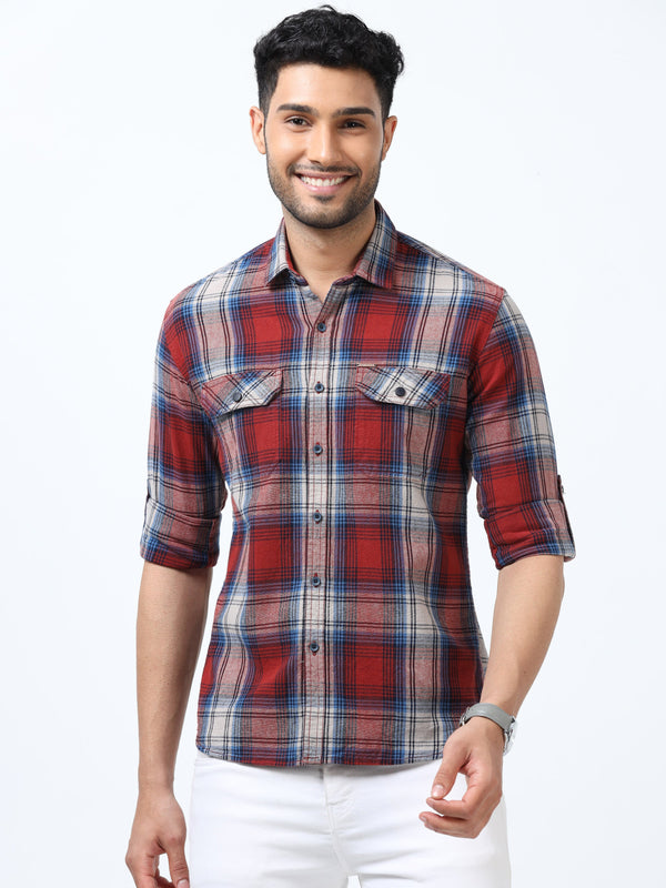 Men Blue & Red Slim Fit Checks Full Sleeve Casual Shirt