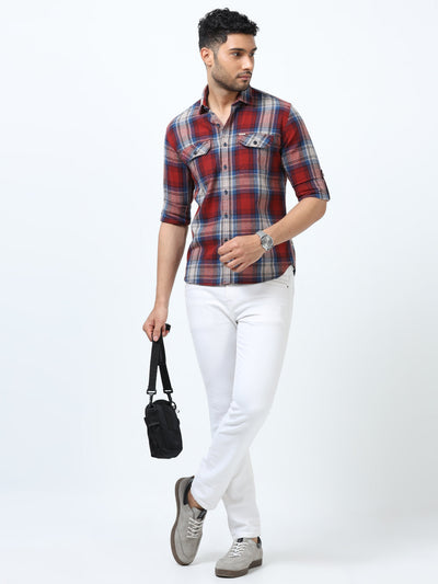 Men Blue & Red Slim Fit Checks Full Sleeve Casual Shirt