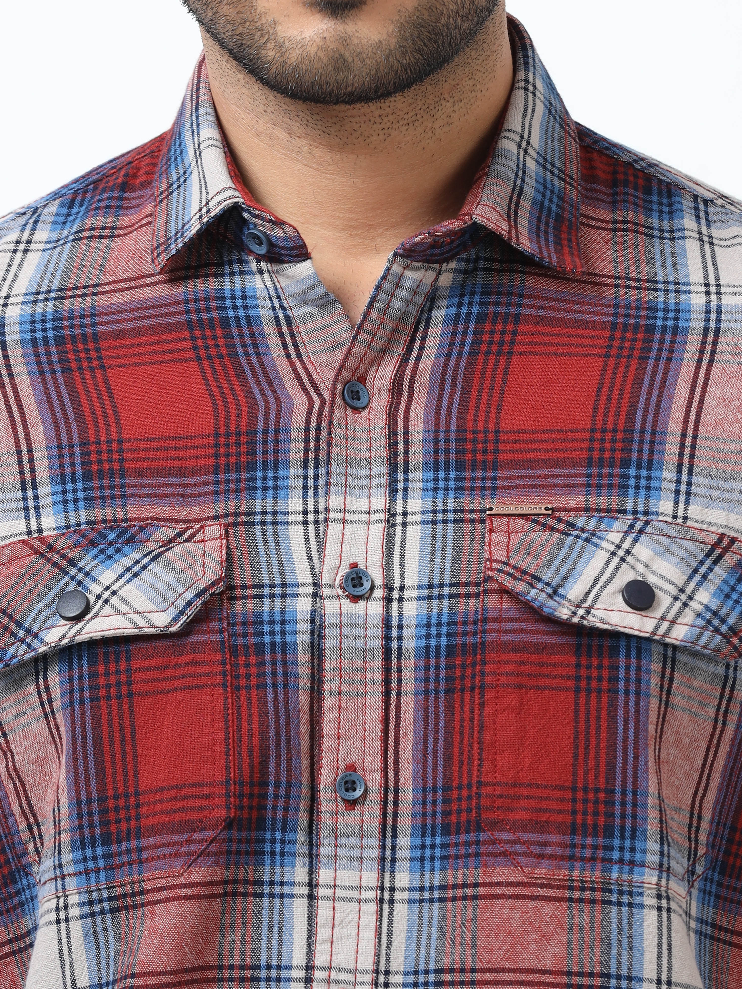 Men Blue & Red Slim Fit Checks Full Sleeve Casual Shirt