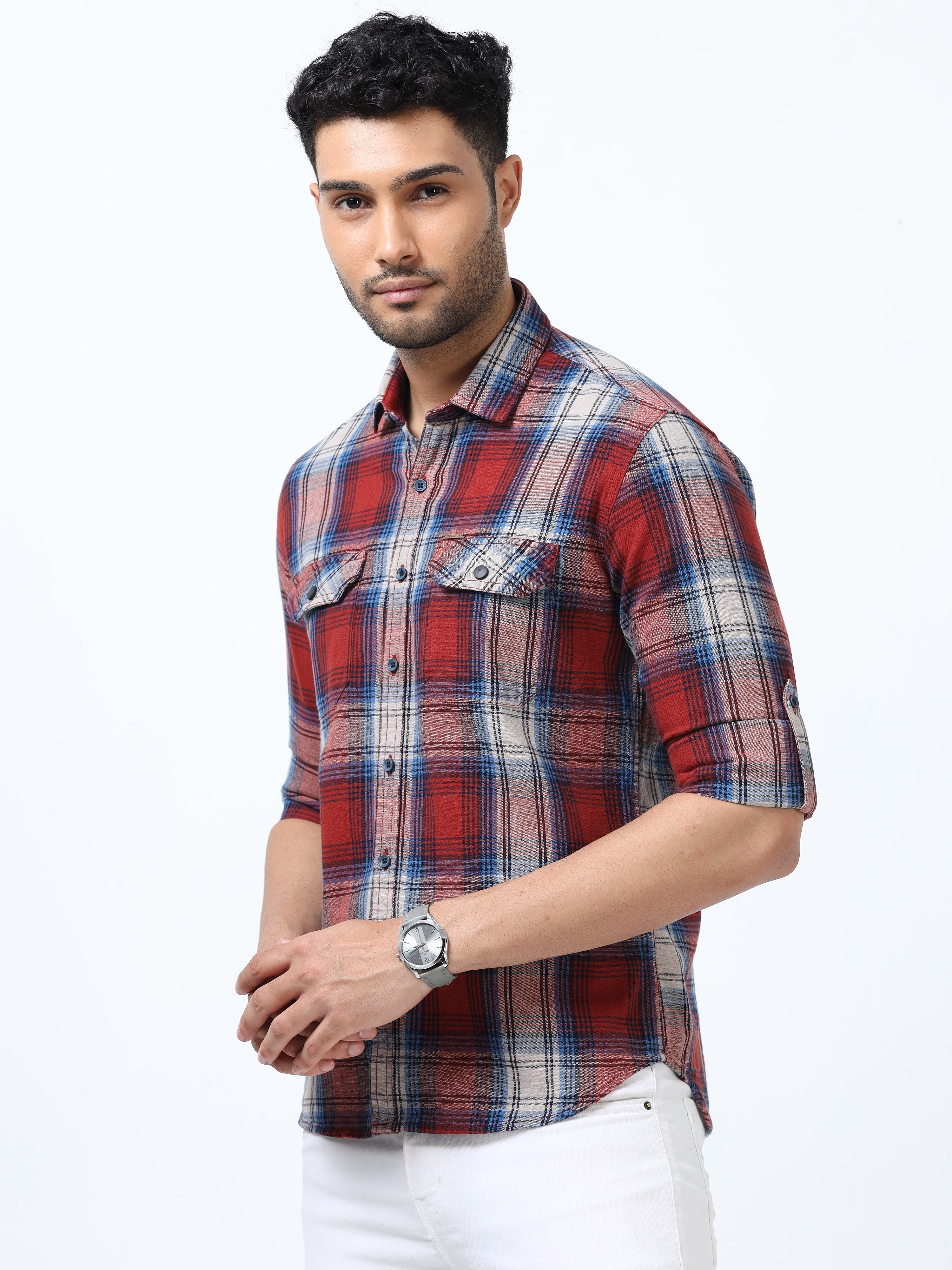 Men Blue & Red Slim Fit Checks Full Sleeve Casual Shirt