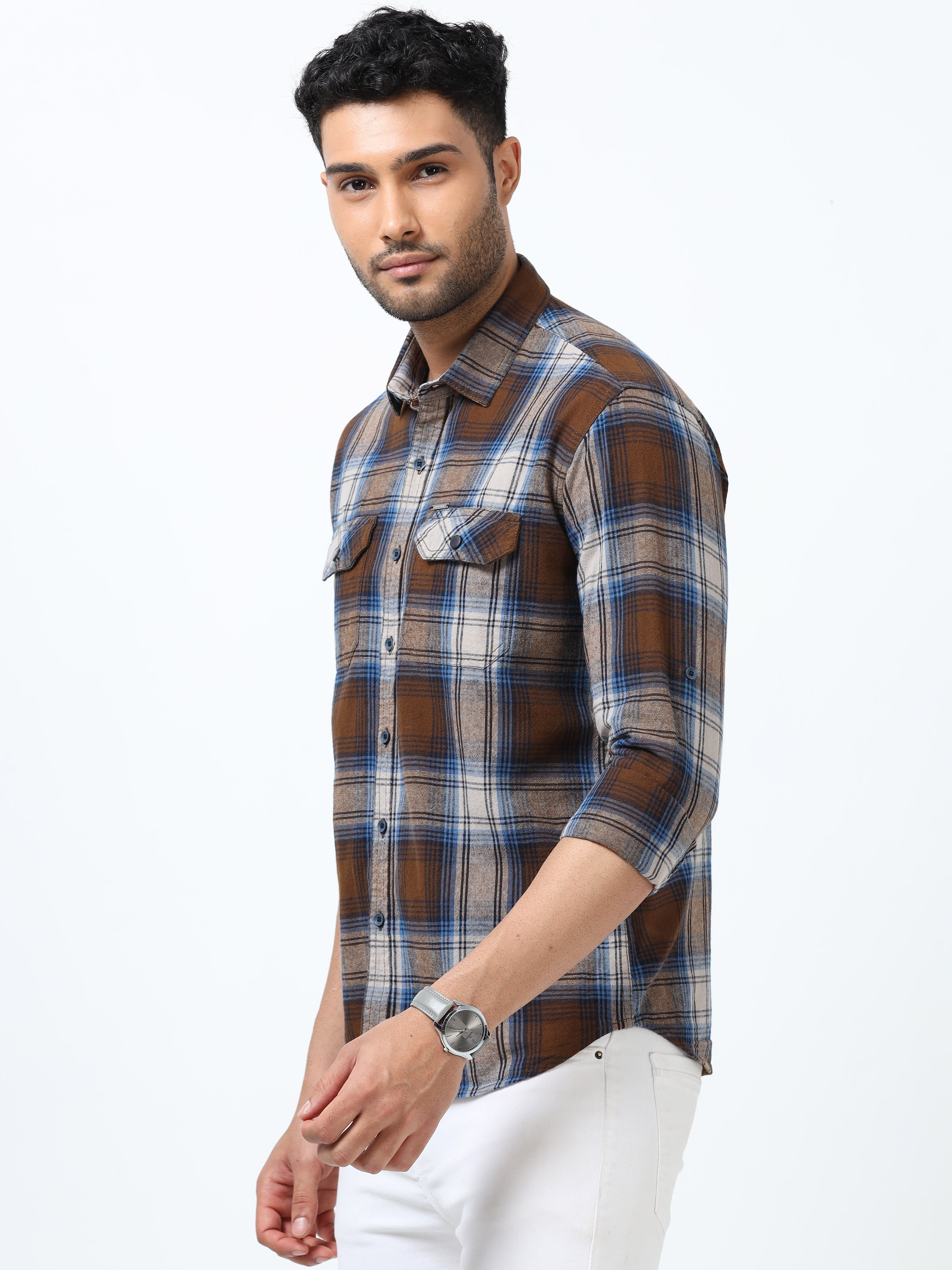Men Blue & Mustard Slim Fit Checks Full Sleeve Casual Shirt