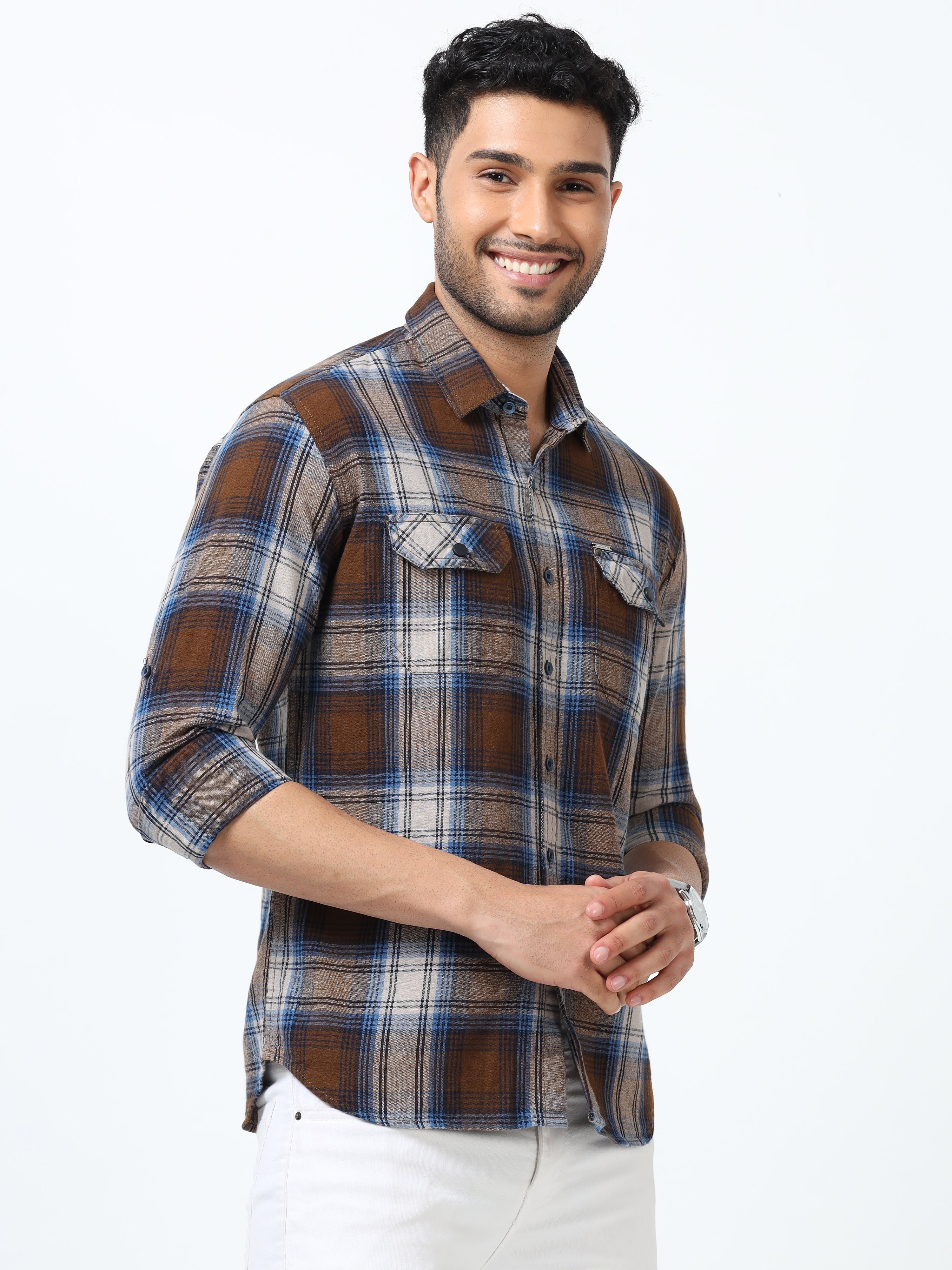 Men Blue & Mustard Slim Fit Checks Full Sleeve Casual Shirt