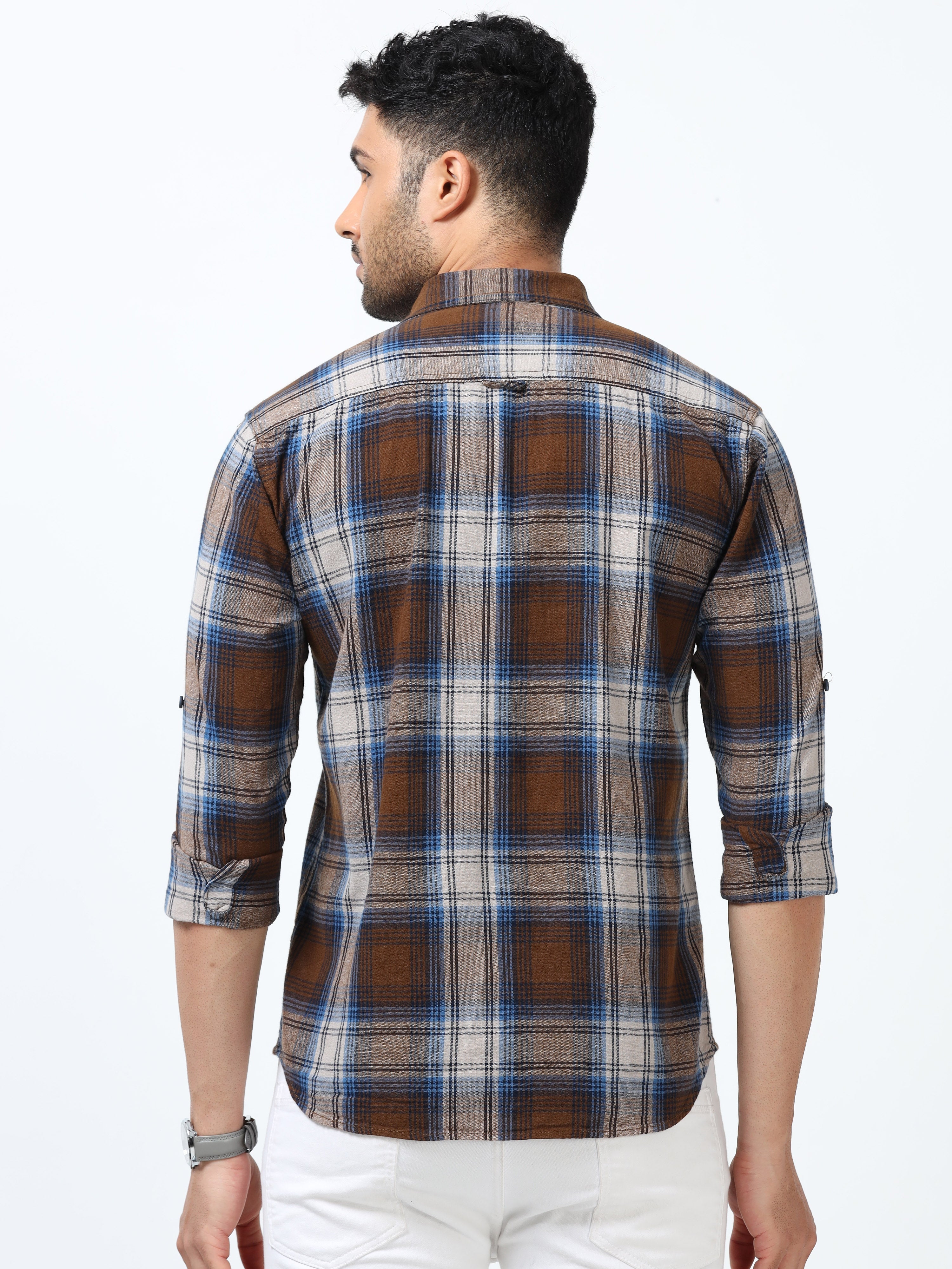 Men Blue & Mustard Slim Fit Checks Full Sleeve Casual Shirt