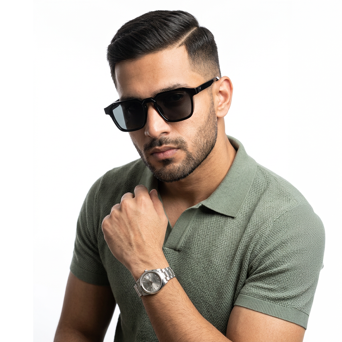 Eyejack Shine Black Square Sunglasses for Men and Women - Style L547 - worn by a male model (image 1)