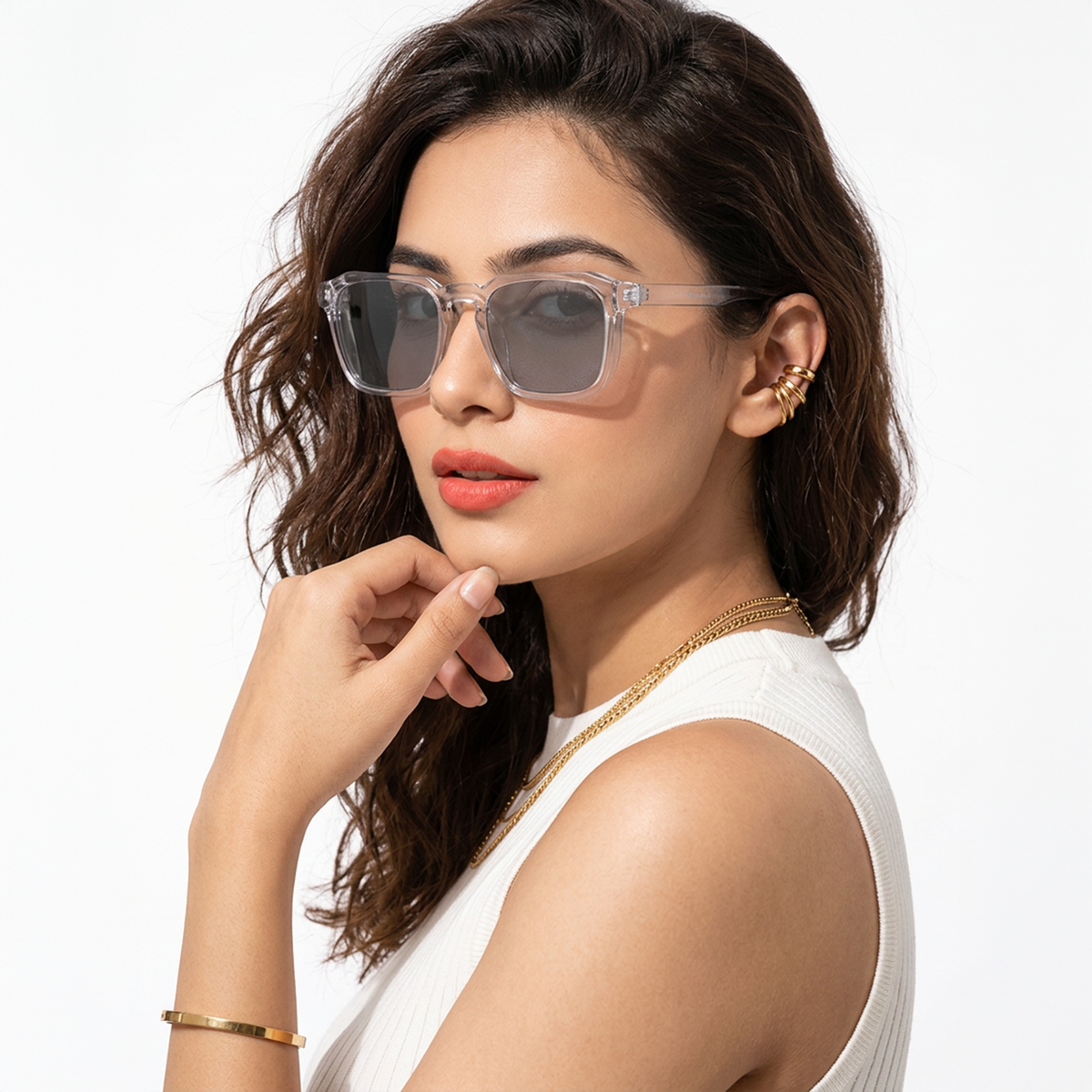 Eyejack Transparent Grey Square Sunglasses for Men and Women - Style L548 - worn by a male model (image 3)