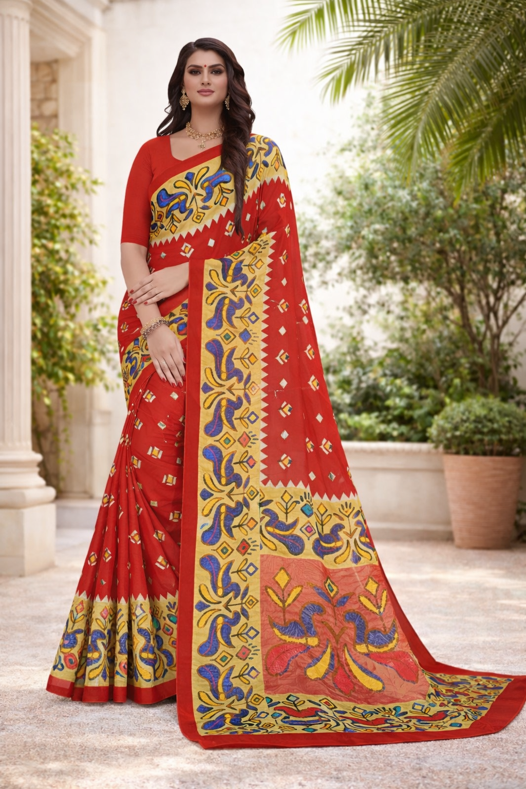 Elegant Crush Crepe Kalamkari-Inspired Jarjet Saree in Rich Red Kalyani silks and sarees