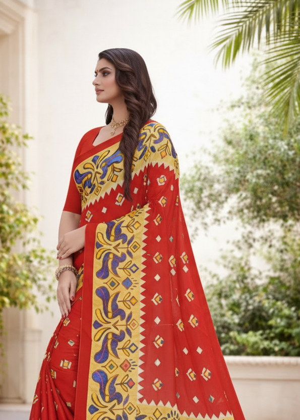 Elegant Crush Crepe Kalamkari-Inspired Jarjet Saree in Rich Red Kalyani silks and sarees