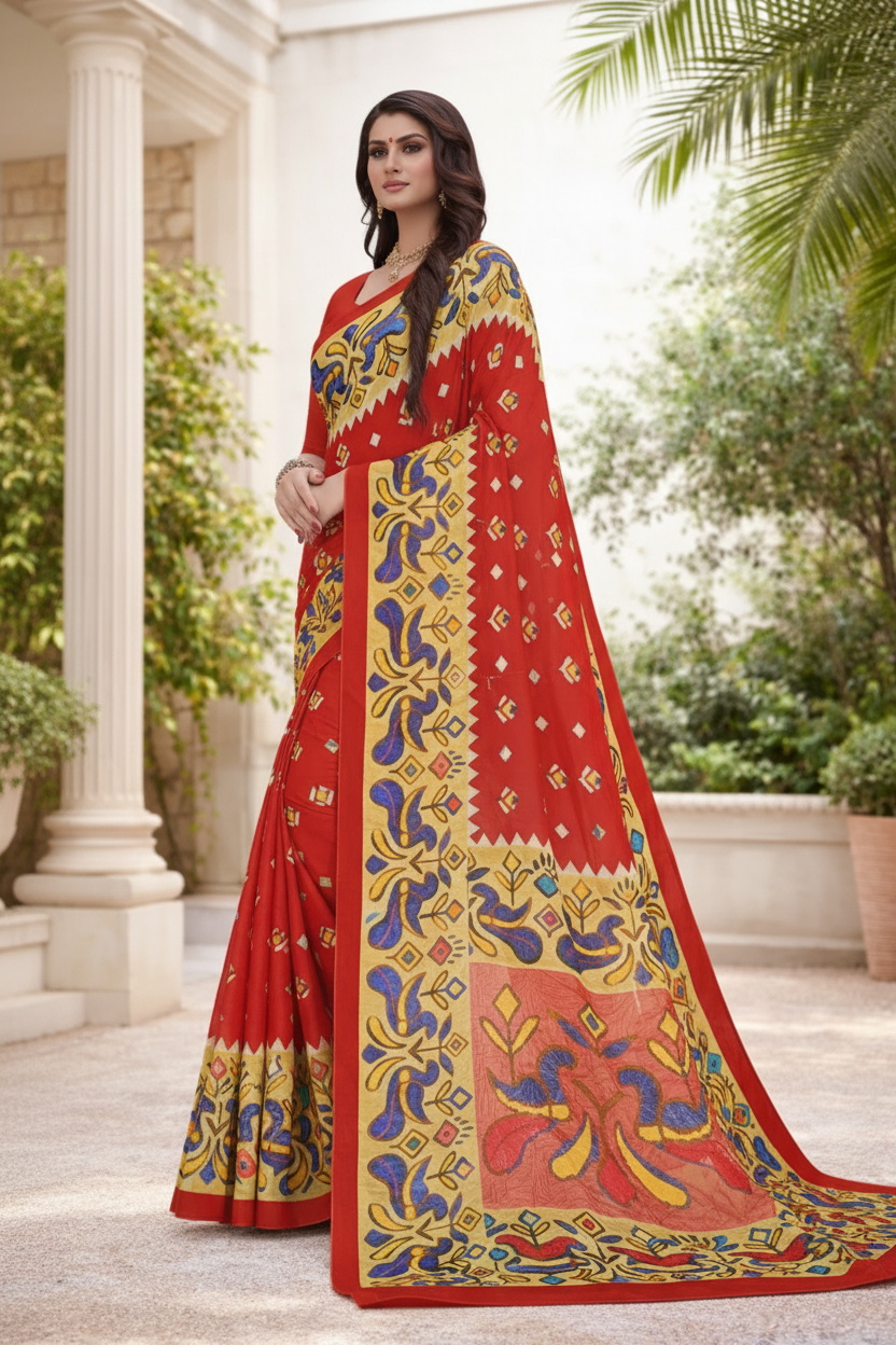 Elegant Crush Crepe Kalamkari-Inspired Jarjet Saree in Rich Red Kalyani silks and sarees