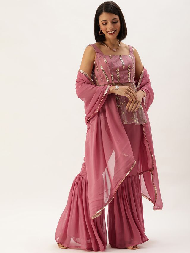 Bollywood Vogue Ready To Wear Mauve Embroidered Square Neck Gharara Suit