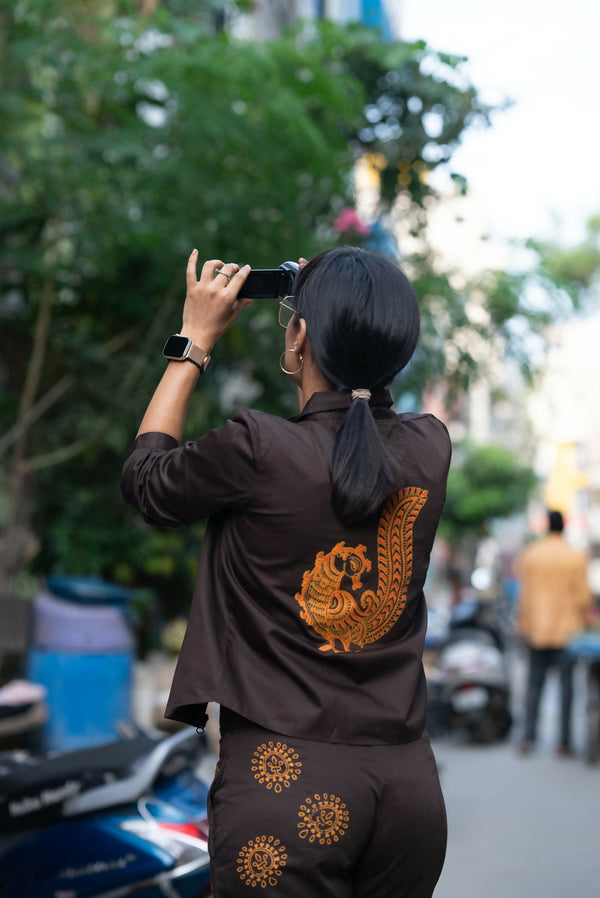 Koko Block Printed Cotton Twill Jacket With Dual Coloured Peacock Motif And Zip Closure Studio Sienna