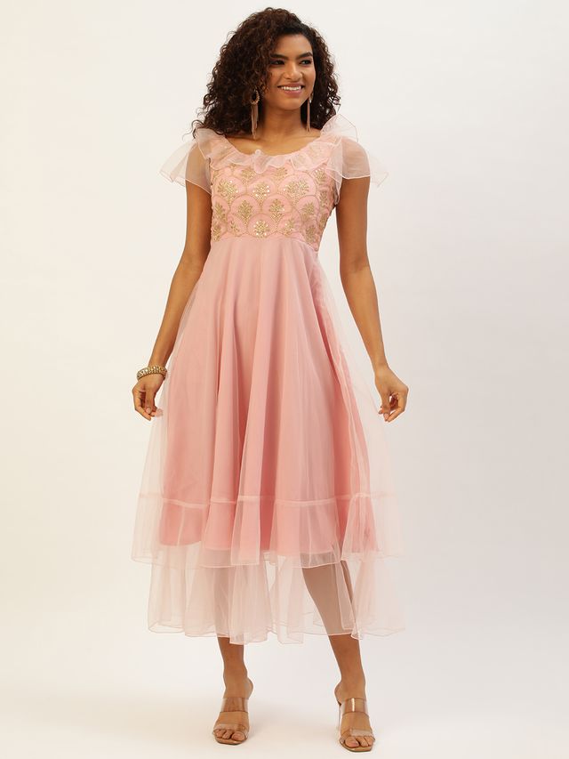 Bollywood Vogue Ready To Wear Pink Organza Embroidered Gown