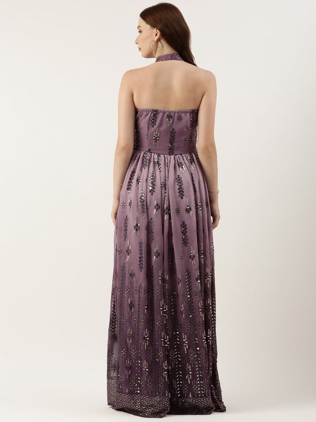 Bollywood Vogue Ready To Wear Purple Georgette Embroidered Halter Neck Gown