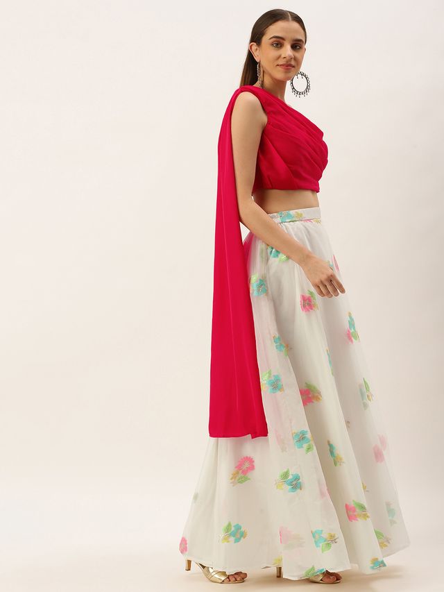 Bollywood Vogue Ready To Wear Off White Organza Jacquard Skirt N Top