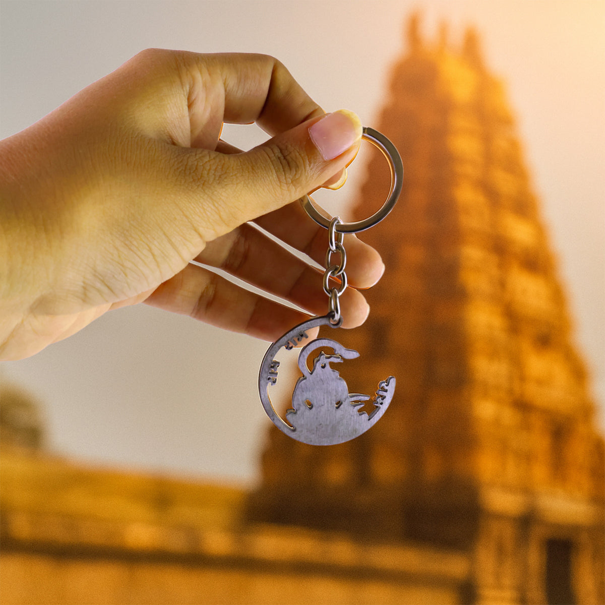 Devotional Jai Shri Ram Metal Keychain Crescent Silhouette Tag with Lord Hanuman Motif- (1 Pc)