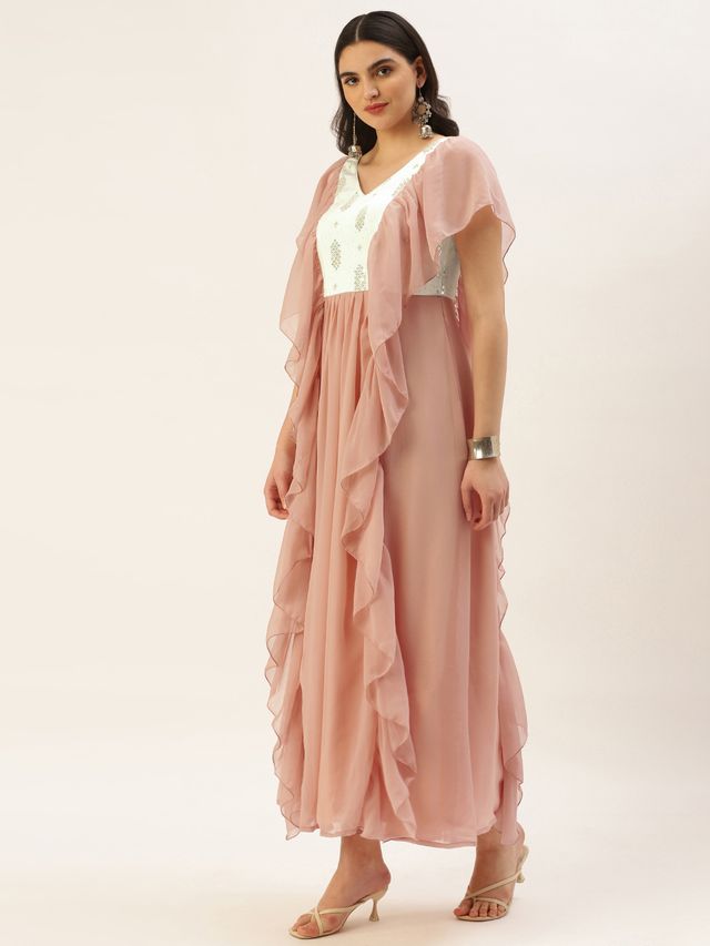 Bollywood Vogue Ready To Wear Pink N White Chinon Ruffles Gown