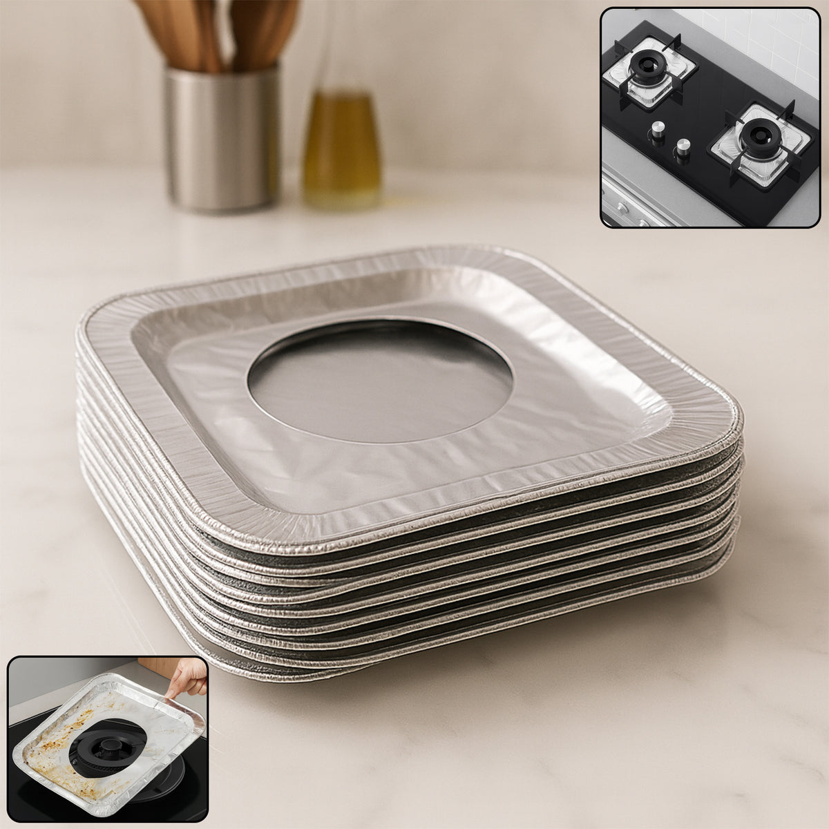 Aluminum Gas Stove Burner Protector Covers Reusable Non-Stick Foil Gas Range Protectors (10 Pc 23x23 Cm)