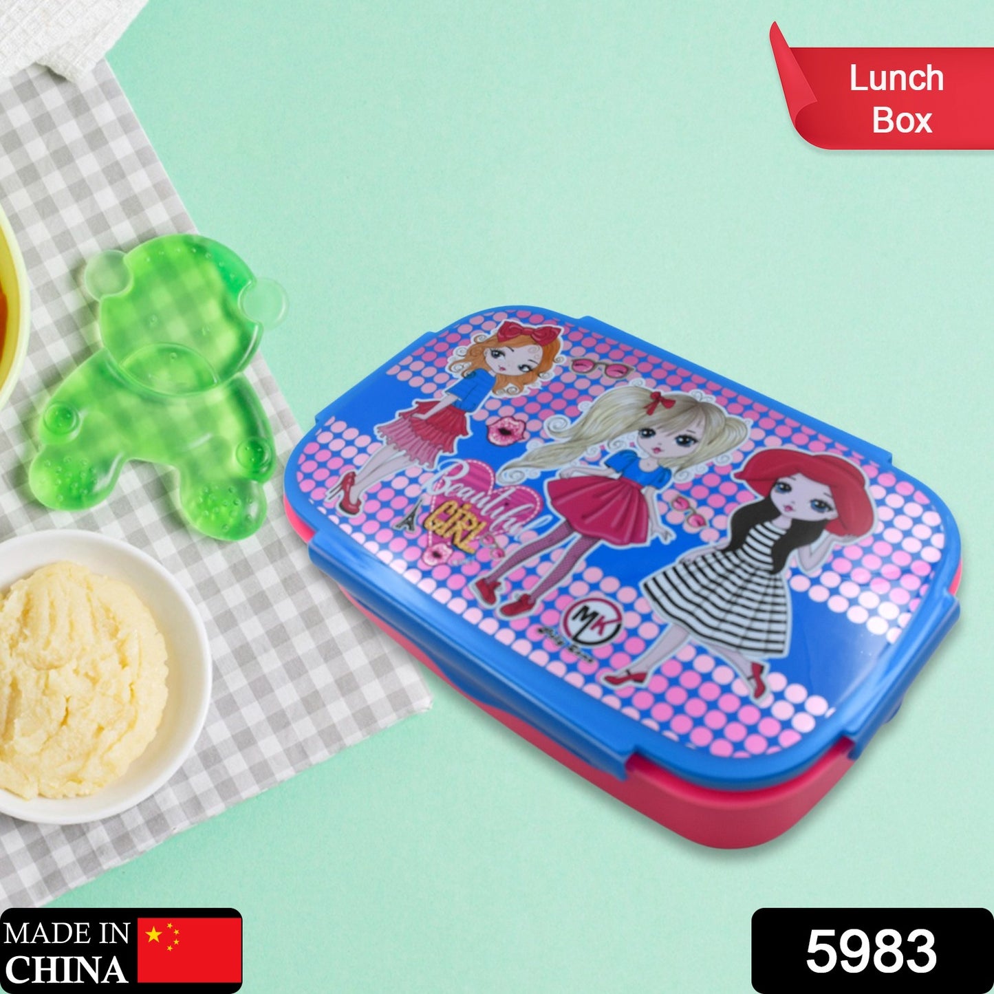 Cartoon Printed Plastic Lunch Box With Inside Small Box Spoon For Kids Air Tight Lunch Tiffin Box For Girls Boys Food Container Specially Designed For School Going Boys And Girls