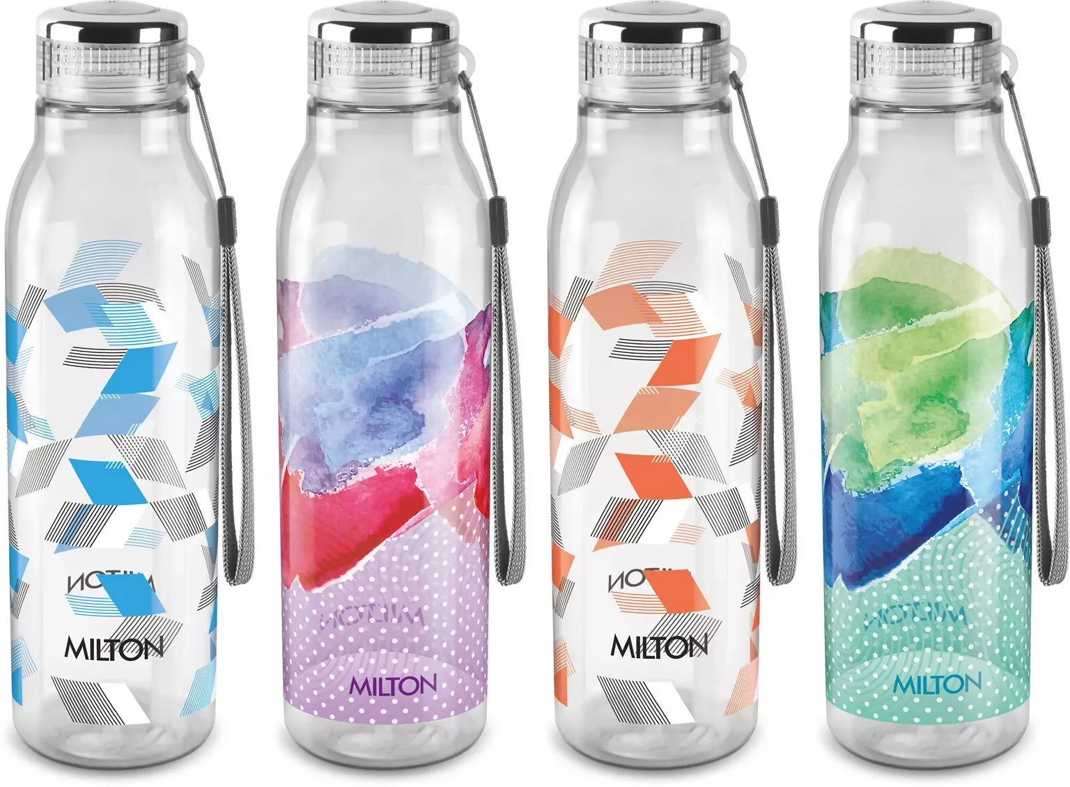 MILTON Helix PET Water Bottle 1 Litre Each with Carry Strap – Multicolor (Pack of 2)