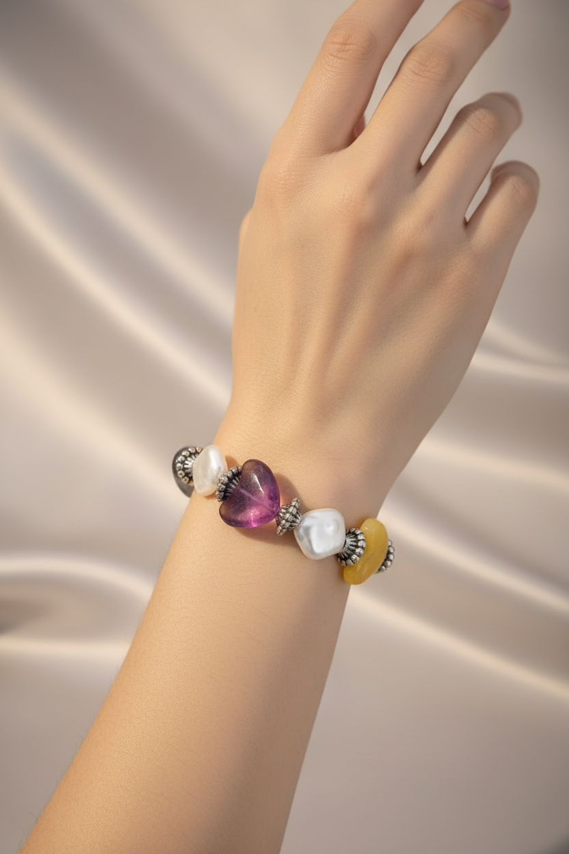 Multi Colored Heart Pearls Expanding Bracelet (Silver, Free, 1) SUPER