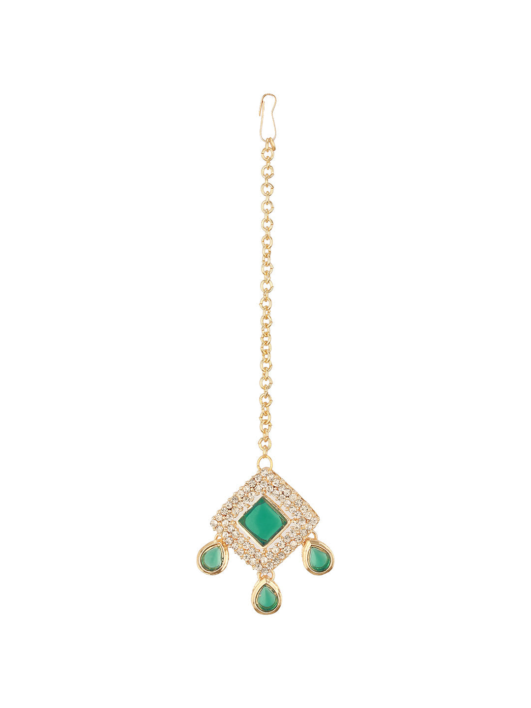 Jazz And Sizzle Gold Plated Green Kundan Studded & Beaded Jewellery Set with Maangtikka