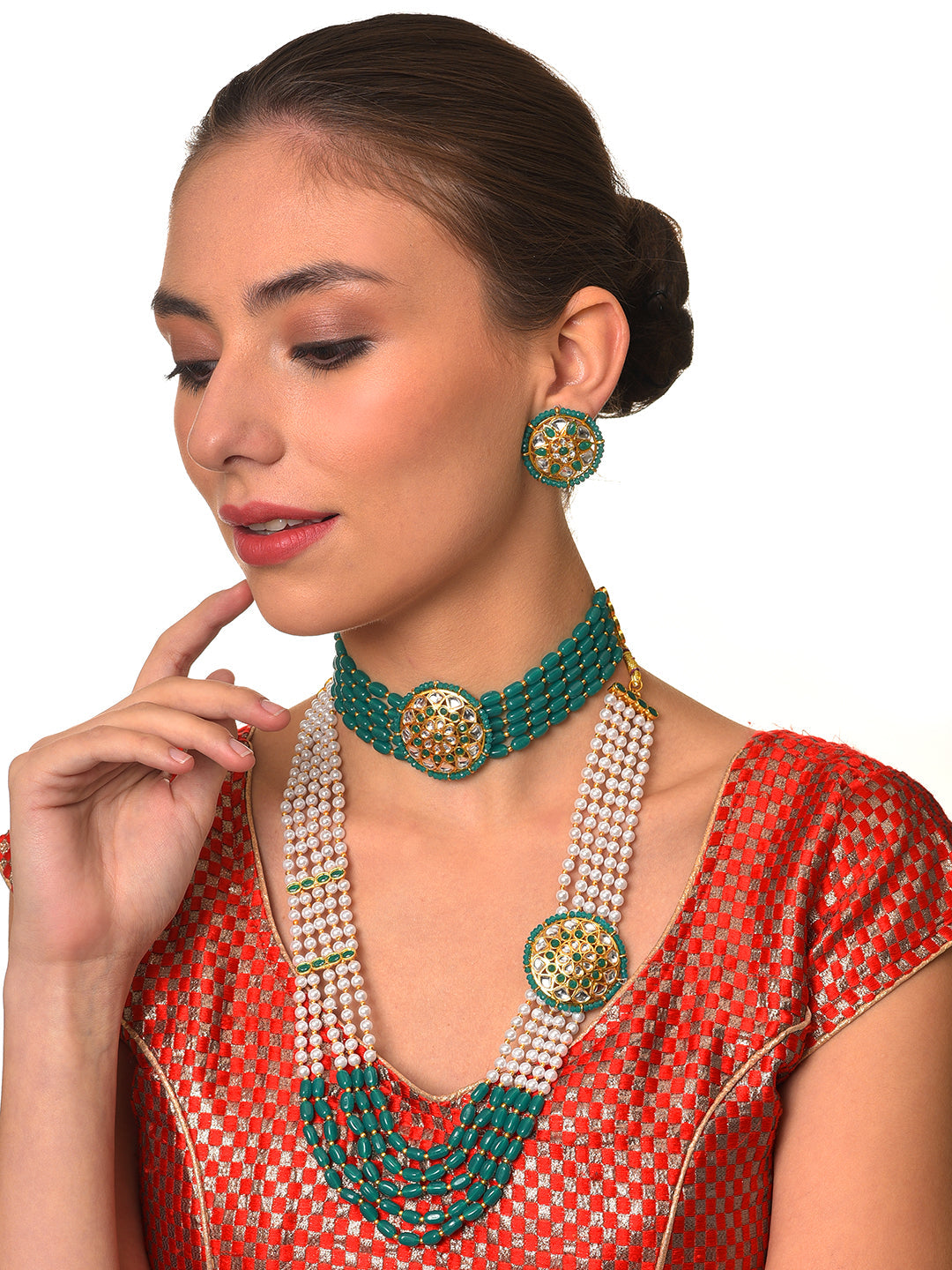 Gold-Plated Green & White Combo Jewellery Set